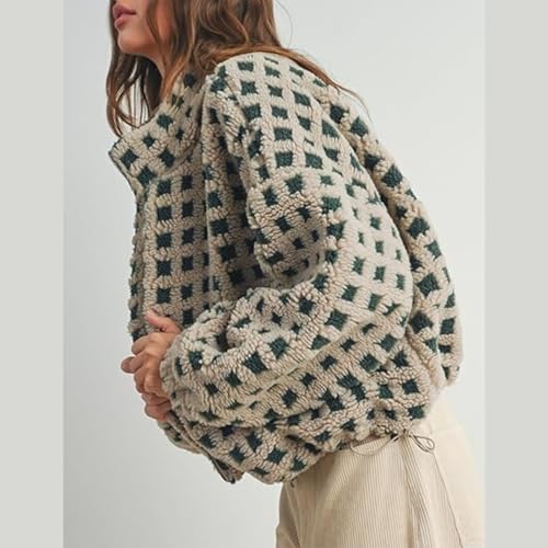 Women's Checkered Sherpa Jacket Long Sleeve Fuzzy Zip Up Cropped Fleece Jackets Winter Casual Loose Teddy Outerwear4