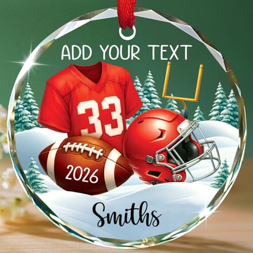 American Football Glass Christmas Ornament 2026, Personalized American Football Player Ornament Hanging Xmas Tree, Custom Text/Name/Year Footballs Ornaments Gift for Sport Lovers Team Fan Coach