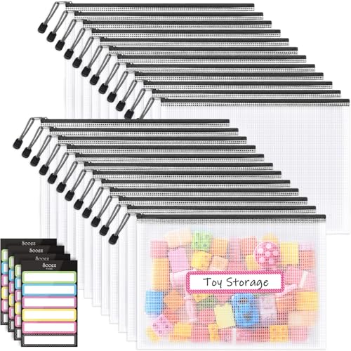 Image of Sooez 24 Pack Mesh Zipper Pouch with Sticky Labels, A4 Mesh Bags, Sturdy Letter Size File Folders Organizer, Office School Classroom Supplies, Toy Storage Bag Board Game Puzzles Organization, Black