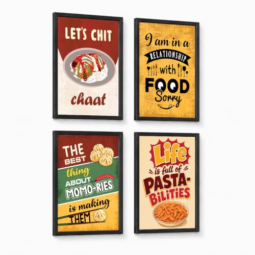 Image of Chaka Chaundh - Restaurant wall decoration items - Cafe quotes wall frames - Restaurants walls frame - Cheesy wall frame poster, Momo wall frame, Food wall frame art. Pasta frame poster wall art. (14X11 inch. Set OF 4 )