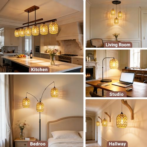 Image of 6 Pack Rattan Lamp Shades Boho Hanging Light Lamp Shades, Woven LampShades for Floor Lamps Rattan Pendant Lights Boho Lamp Ceiling Light, Table Lamps, Plug in Pendant Light