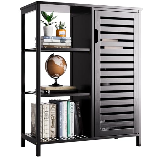 HITNET Badkamer Opbergkast, Vloer Staande Keuken Organisator Opschortende Eenheid met Enkele Deur en 3 Open Planken, Ruimtebesparend Utility Bamboe Meubilair, Zwart