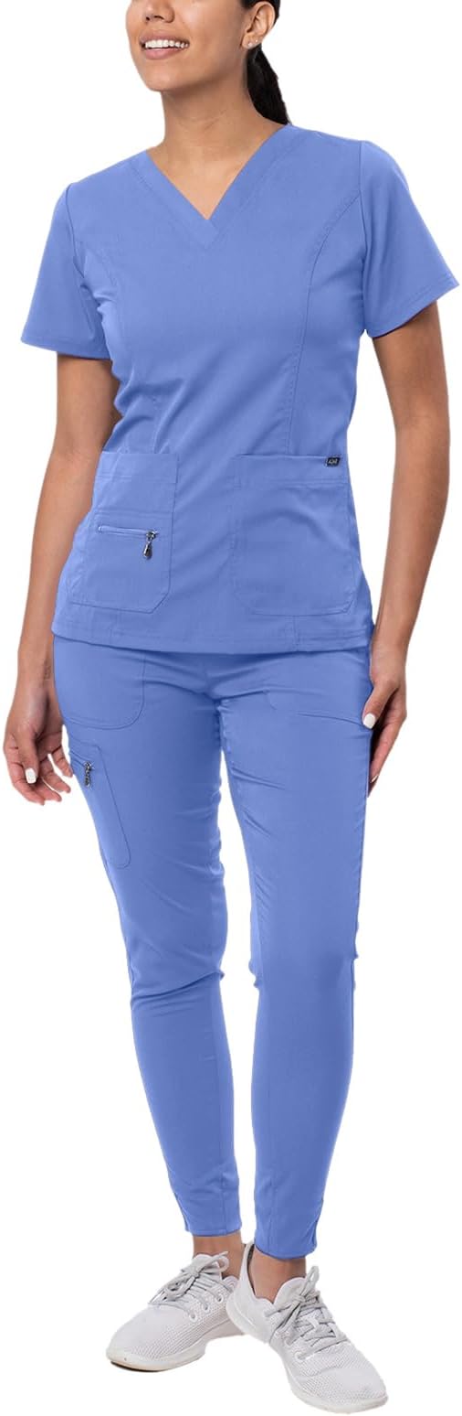Adar Pro Scrubs Set for Women - Stretch Elevated V-Neck Scrub Top & Yoga Jogger Cargo Scrub Pants, 7 Pockets