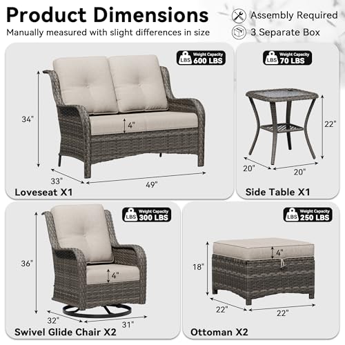 Image of 6 Piece Outdoor Wicker Patio Furniture Set, Outdoor Swivel Rocker Patio Chairs Set with Thickened Olefin Cushions, High Back and Deep Seating, Hand-Woven PE Rattan for Porch, Deck