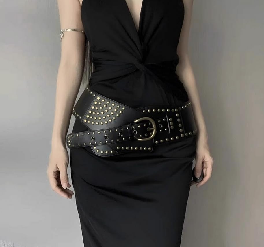 Women Studded Leather Belt Vintage Punk Y2K Style Adjustable Wide Waist Belt for Dress Jeans Shorts Skirt2