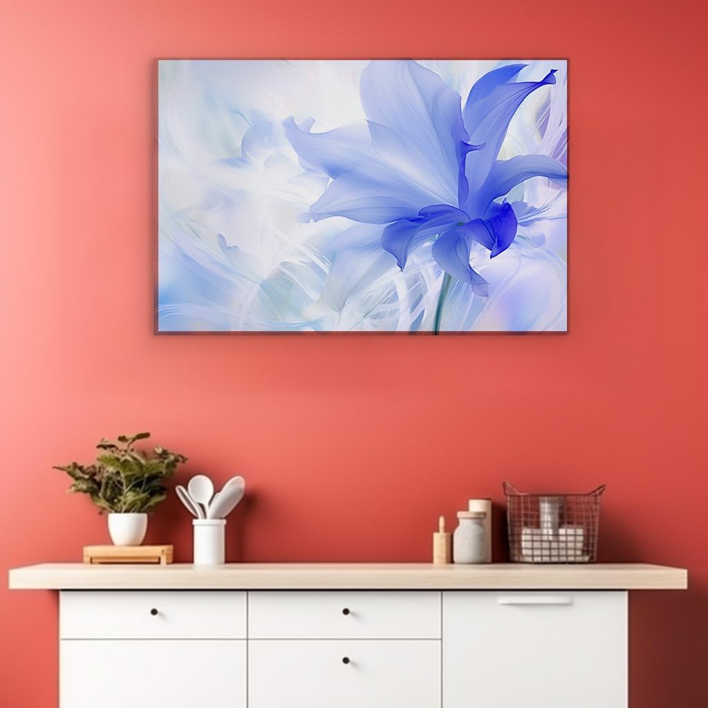 Canvas for Living room. Bloom of Serenity: Capturing the Essence of Tranquility Through a Lone Blue Flower, 27 x 18 inch Canvas Wall Art - Contemporary Masterpieces - Botanical Home Decor