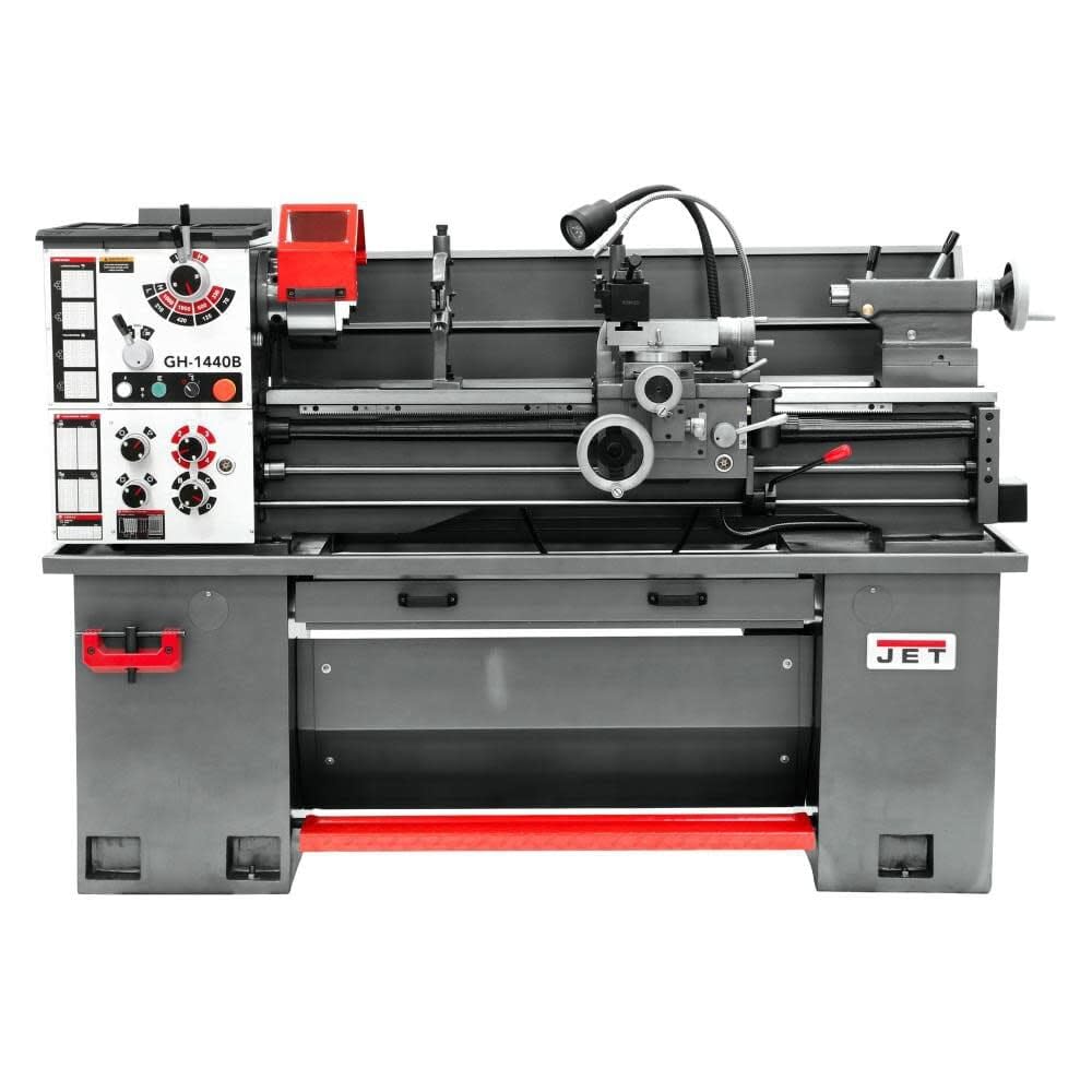 JET Tools - GH-1440B Geared Head Bench Lathe with Stand & Foot Brake with Newall NMS300 DRO & Taper Attachment (323448)