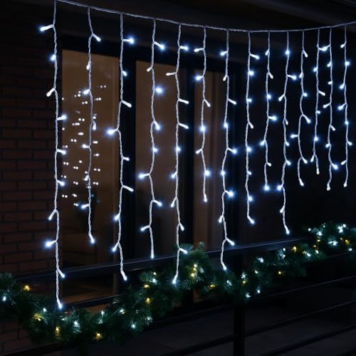 Elektronova Zasłona świetlna, 200 diod LED, 3 m, białe światło, biały kabel, IP65, przedłużana, efekt błysku, z jednolitymi przewodami o długości 1 metra, wieniec bożonarodzeniowy, sklepy, balkon