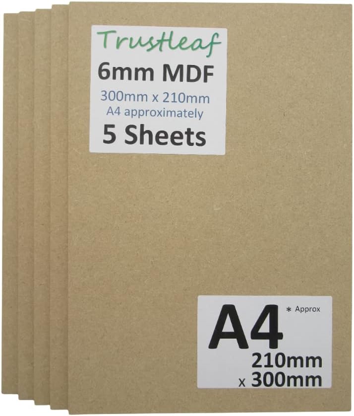 Trustleaf 6MM Sheets of MEDITE Premier MDF 210mm x 300mm, A4 Approx. Pack of 5, 210mm x 300mm (A4 approx 8" x 12")