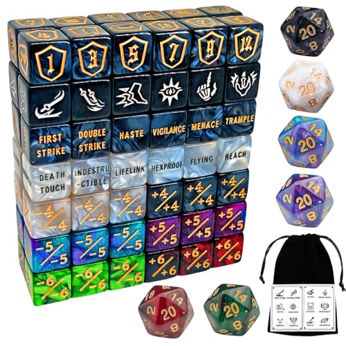 90-teiliges MTG Counter Würfel Set - Fähigkeits-Stichwort-Zähler -1/+1 Lebenszähler Schildzähler MTG Muster-Würfel Kreaturen-Statistik-Buffs mehrfarbige Marmor D6 Würfel MTG Spiele