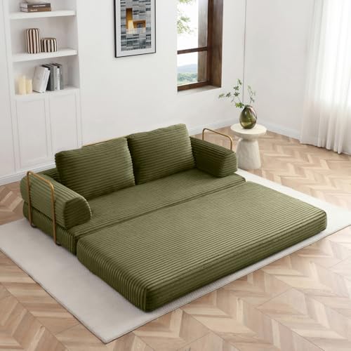 Image of HANXIN 80 Inch Convertible Sleeper Sofa Bed, High Back Plush Corduroy Folding Floor Mattress Couch with Fixed-Shape Frame, Boneless Futon Loveseat with Pull Out Bed, No Assembly Required (Green)