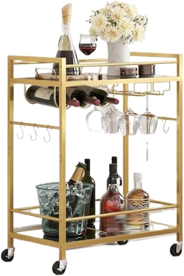 Bar Cart, Serving for Home, Mobile Kitchen Shelf with Wine Rack and Glass Holder, Rolling Beverage