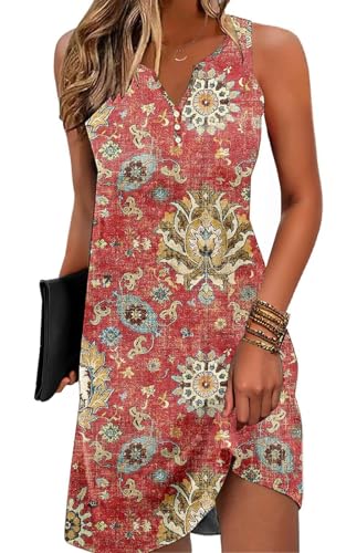 Image of ETCYY Womens Boho Floral Printed Sundresses Casual Summer Beach Dress Vacation 2024 Button V Neck Sleeveless T Shirt Dress, XX-Large, Flower4