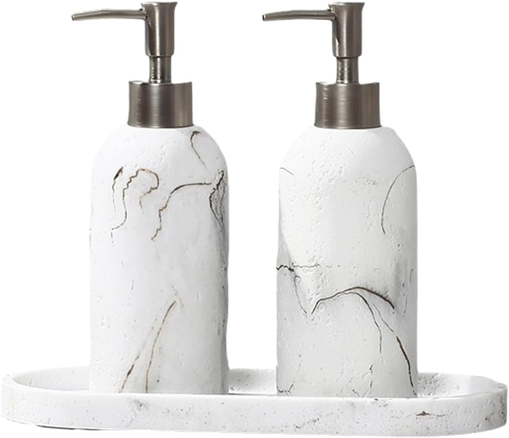 Liquid Soap Dispenser Sandstone Soap Dispenser Set with 2 Dispensers and 1 Tray - Lotion and Soap Dispenser Set Hand and Dish soap Dispenser Set for Kitchen Bathroom Countertop Decoration Decor