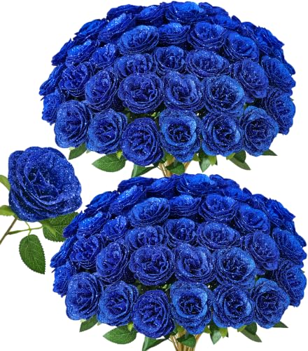 Image of 30 PCS Blue Roses Artificial Flowers, Fake Glitter Roses with Stem Realistic Silk Roses for Wedding Bouquets Table Centerpieces Arrangement Baby Shower Home Decor Anniversary Birthday Gift for Her