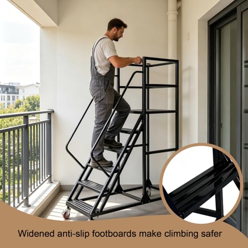 Image of 4 Step Rolling Warehouse Step Ladder, Industrial Mobile Staircase on Wheels, 1100Lbs Weight Capacity, Heavy Duty Mobile Platform Ladder with Handrails, Suitable for Warehouse, Library (Black, 4 steps)