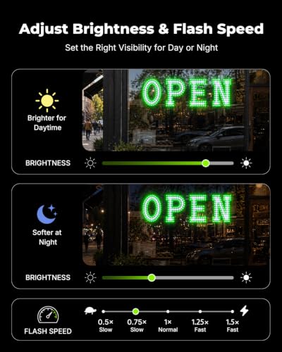 Image of 32 x 10 Inch LED Open Sign for Business - Timer via BT APP & Remote Control, Ultra Bright Open Sign with 14 Flash Modes, 6 Dimming Levels & 6 Speed Control for Salon Cafe Restaurant (Green & white)