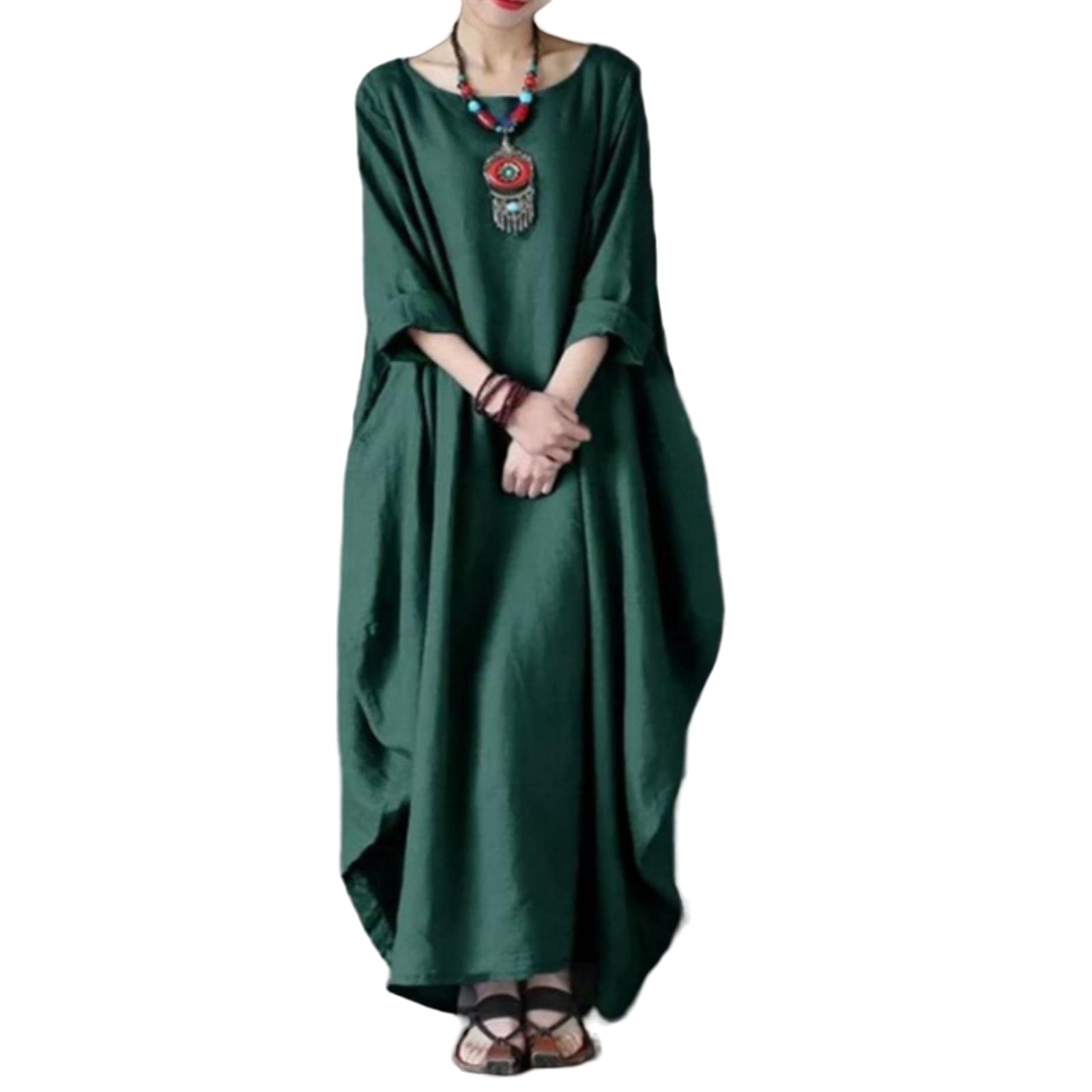MOGSA Vestido largo de primavera con cuello redondo y manga media grande con vuelo, de algodón y lino
