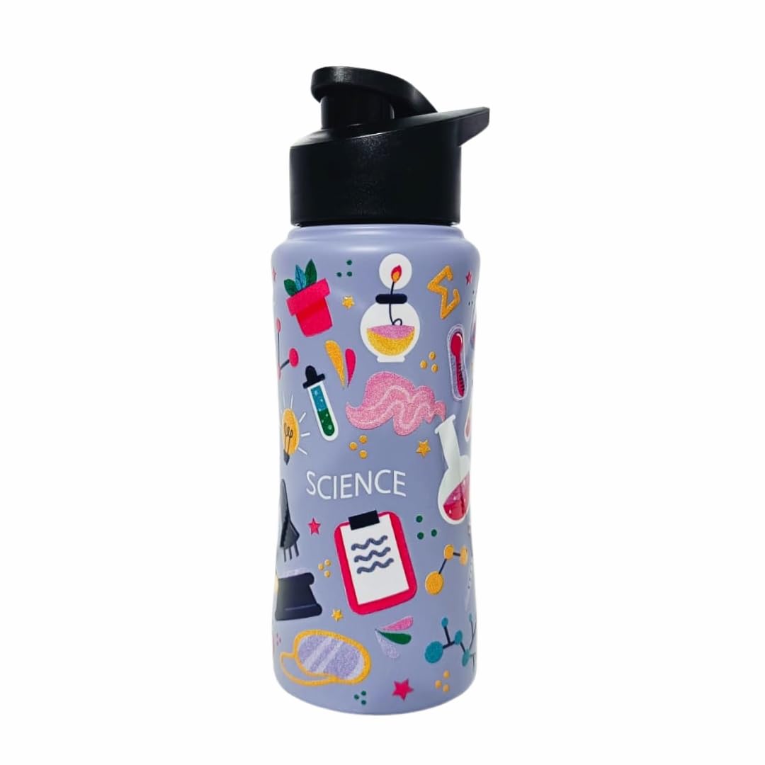 VOIK 500ml Stainless Steel Kids Water Bottle | Science Kiddo Theme | BPA Free, ISI Marked, Leak-Proof | Science Print | Ideal for School, Travel & Gifting