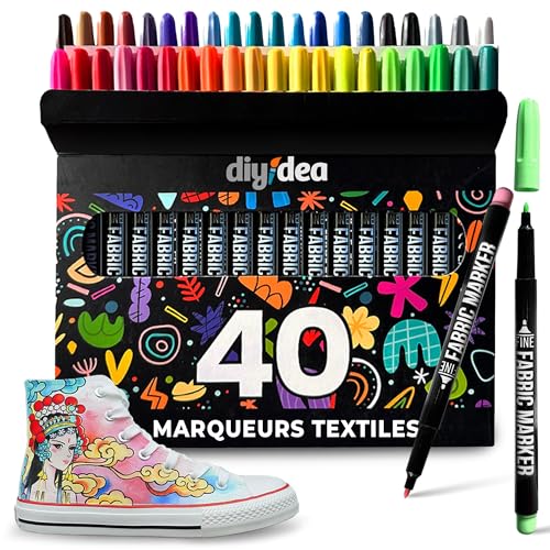 DIYIDEA Feutres Textile 40 Couleurs Permanents – Lavables & Non Toxiques – Marqueurs pour Tissu...