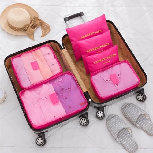 Image of Travel Organizer Pouch Set of 6, Space Saver Packing Cubes for Suitcase, Clothes, Underwear, Socks and Shoes (PINK)