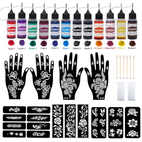Temporary Tattoo Henna Kit Safe & Easy Fake 12 Bottles 11 Colors Ink 18 Big Pcs Stencils for Adults/Kids-fake tattoos (Black2 Red Green Purple Orange Navy Blue Brown Pink Grey Yellow)