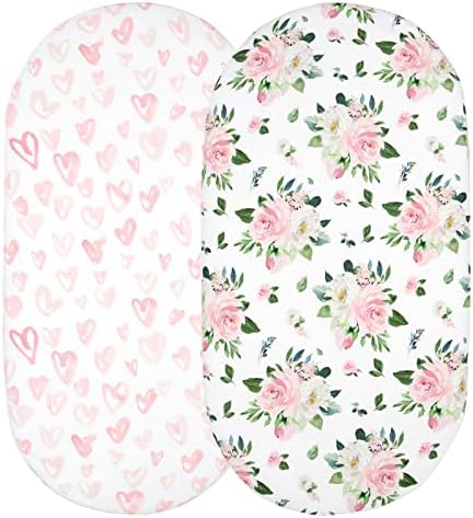 GFU Bassinet Sheet, Fitted Baby Boy Girl Organic Jersey Sheets for Standard Bassinets, Stretchy Soft Bassinet Bed Sheets, Pink Floral and Hearts Print, 2 Pack