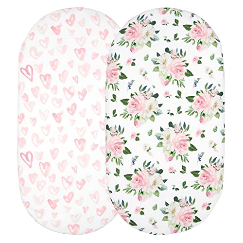 Image of GFU Bassinet Sheet, Fitted Baby Boy Girl Organic Jersey Sheets for Standard Bassinets, Stretchy Soft Bassinet Bed Sheets, Pink Floral and Hearts Print, 2 Pack