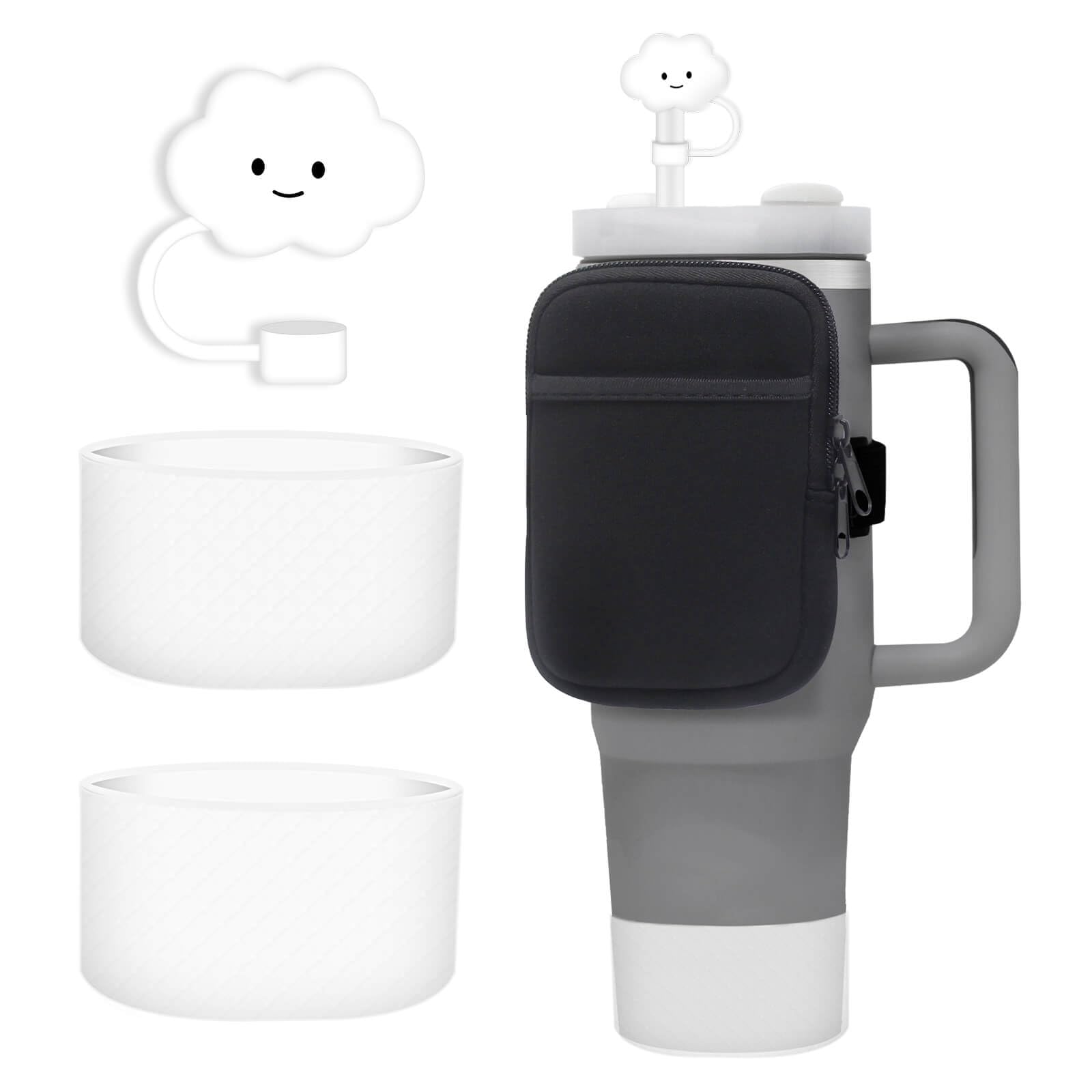 GIMURM Water Bottle Pouch for Stanley Quencher H2.0 Tumbler 40oz 30oz,Accessories for Stanley Cup,1 Black Adjustable Belt Bag for Tumbler Cup,1 Reusable Straw Cover,2 Bumper Boot