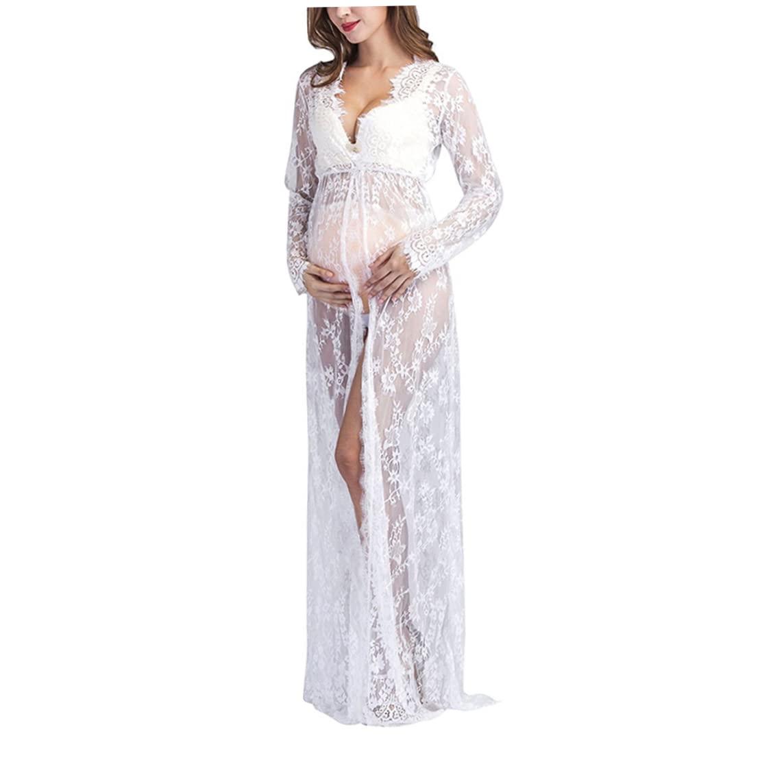 NIDONE Robe de Photographie de maternité col en V en Dentelle à Manches Longues Robe Longue maternité pour Femmes Enceintes Blanc S