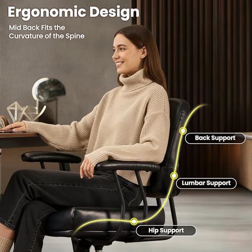 Image of ovios Ergonomic Office Chair, Mid Back Faux Leather Executive Chairs with Thick Cushion, Comfy Mid-Century Modern Swivel Rolling Computer Armchair (Black, PU Leather)