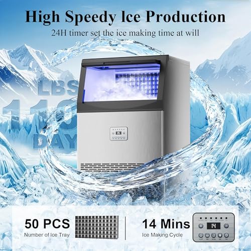 Image of Commercial Ice Maker,110 lbs /24H,50 Cubes in 14 Mins,Stainless Steel Ice Machine with 33 Lbs Storage Capacity,Water Filter,Self-Cleaning,Under Counter /Freestanding Ice Maker for Restaurant,Cafe,Home