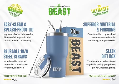 Image of Greens Steel Beast Tumbler Stainless Steel Vacuum Insulated Coffee Ice Cup Double Wall Travel Flask (Stormy Sky Blue, 30 oz)