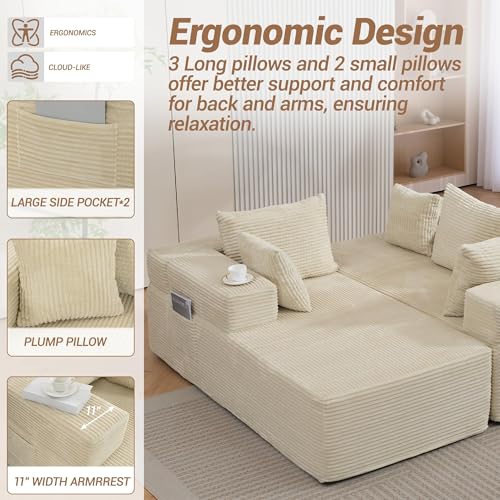 Image of 105'' Modular L-Shaped Boneless Sectional, Corduroy Deep Seat Cloud Sectional Couch, Small Space Sofa for Apartment Living Room Bedroom, No Assembly, Beige