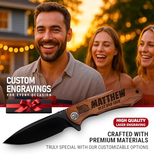 Image of GOOD WORKER Custom Knife with D2 Blade, Guibourtia Wood - Personalized Pocket Knives for Men - Engraved Gifts for Men Husband Boyfriend - Customized Present for Birthday, Anniversary - 6700 PS N2