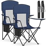SONGMICS Breathable Camping Chairs, Foldable Outdoor Chairs Set of 2, High Back, Adjustable Armrests, Drink Holder, Weight Capacity 330 lb, for Sports Garden Backyard, Harbor Blue UGCB028Q01