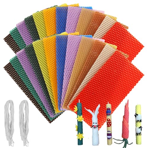 LDHHYH 4x8 Inch Beeswax Sheets for Candle Making 24 PCS Beeswax Candle Making Kit for Adults 12 Bright Colors Beeswax Honeycomb Sheet with Cotton Wick for DIY Crafts Candle Making Rolling Kits