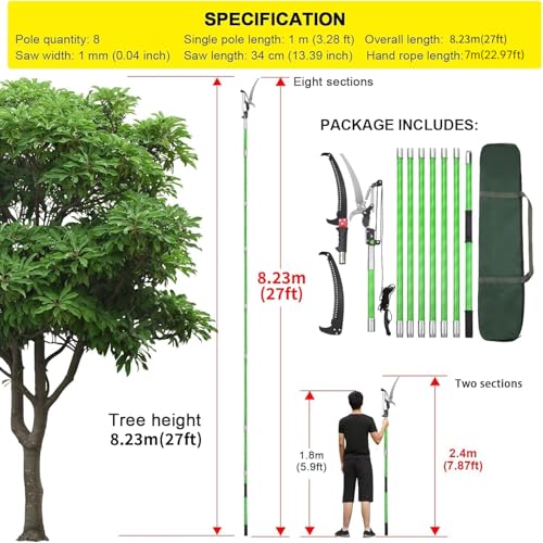 Image of 27 Feet Tree Pole Pruner Manual Branches Trimmer Tree Branch Garden Tools Loppers Hand Pole Saws Extendable Height Adustable System for Sawing and Shearing