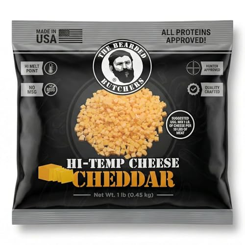 Bearded Butchers High-Temp Cheddar Cheese 1 lb – Shelf-Stable 1/4" Cubes for Up to 10 lbs of Meat, 400°F High-Temperature Cheese – Ideal for Sausage Making, Brats, Snack Sticks, Burgers, and More