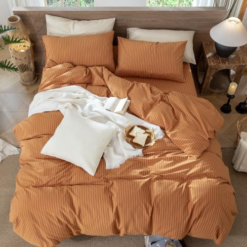 Image of MooMee Striped Duvet Cover Set 100% Washed Cotton Linen Like King | Relaxed Linen-like Texture. Soft, Breathable & Long-lasting Comfort. Lightweight. Hidden Zipper with 8 Interior Corner Ties
