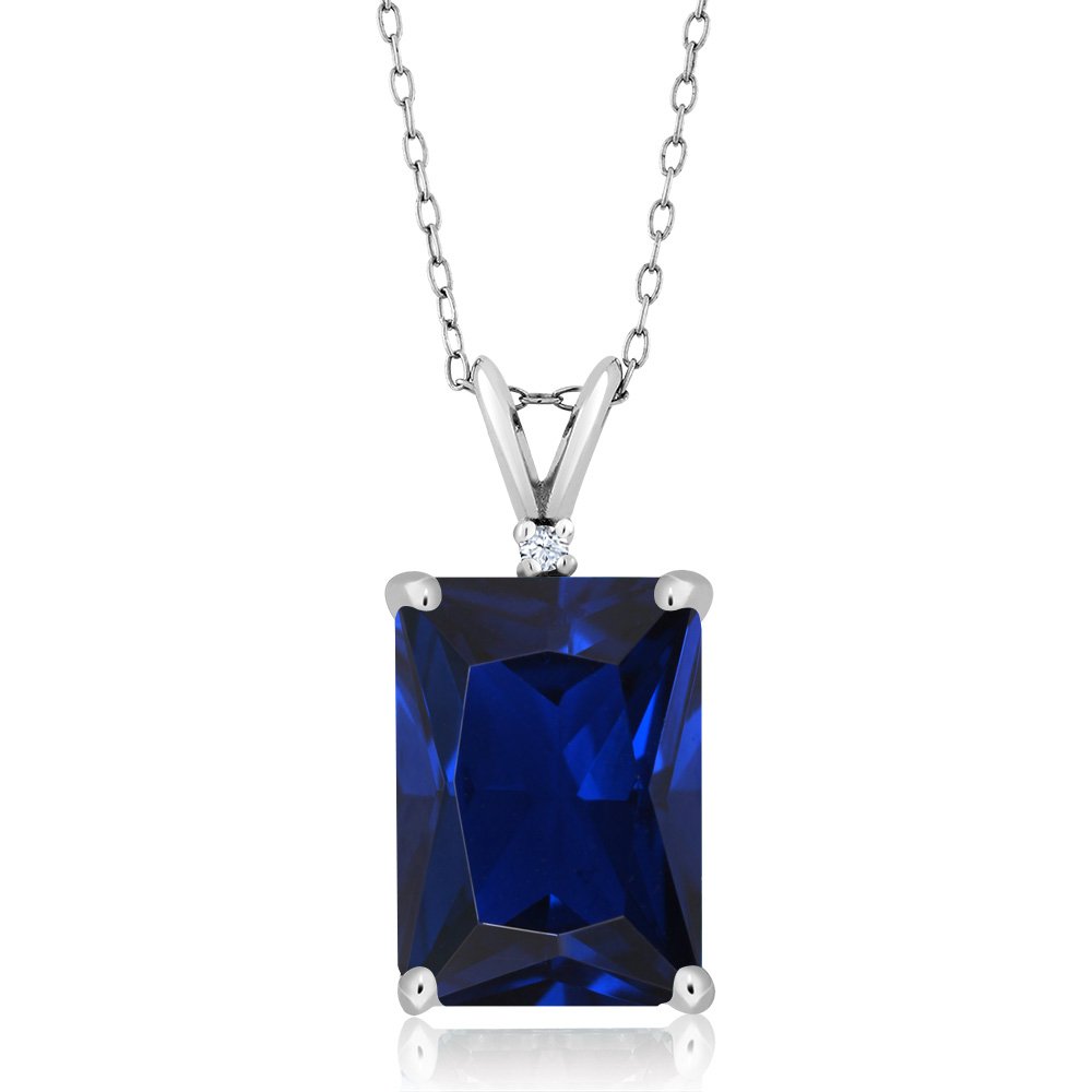 Gem Stone King925 Sterling Silver Blue Created Sapphire Pendant Necklace For Women (10.02 Cttw, Emerald Cut 14X10MM, with 18 Inch Silver Chain), metal gemstone, created-sapphire cubic-zirconia