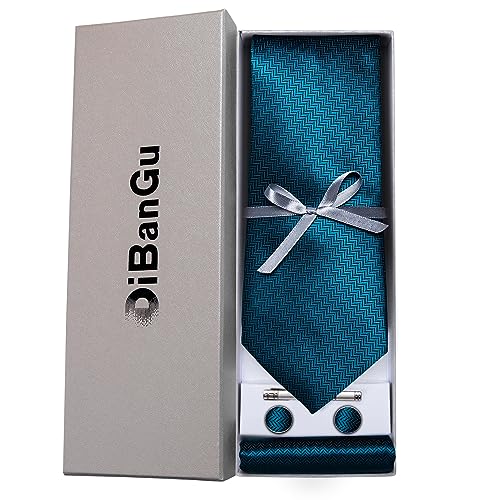 Image of DiBanGu Mens Silk Necktie Solid Color Tie and Pocket Square Cufflink Tie Clip Set Woven Plain Ties for Men Wedding Party