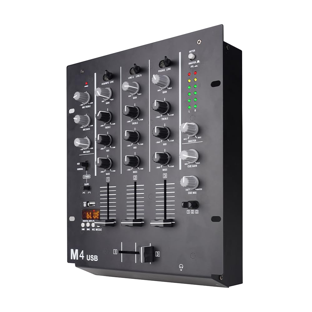 M4 4-Kanal DJ Mischpult (Schwarz), Audio Mixer mit Bluetooth & USB, Crossfader, 3-Band EQ, Gain-Regler & Cue-Monitor-Funktion - Professionelles Soundboard für Party, Club, Karaoke