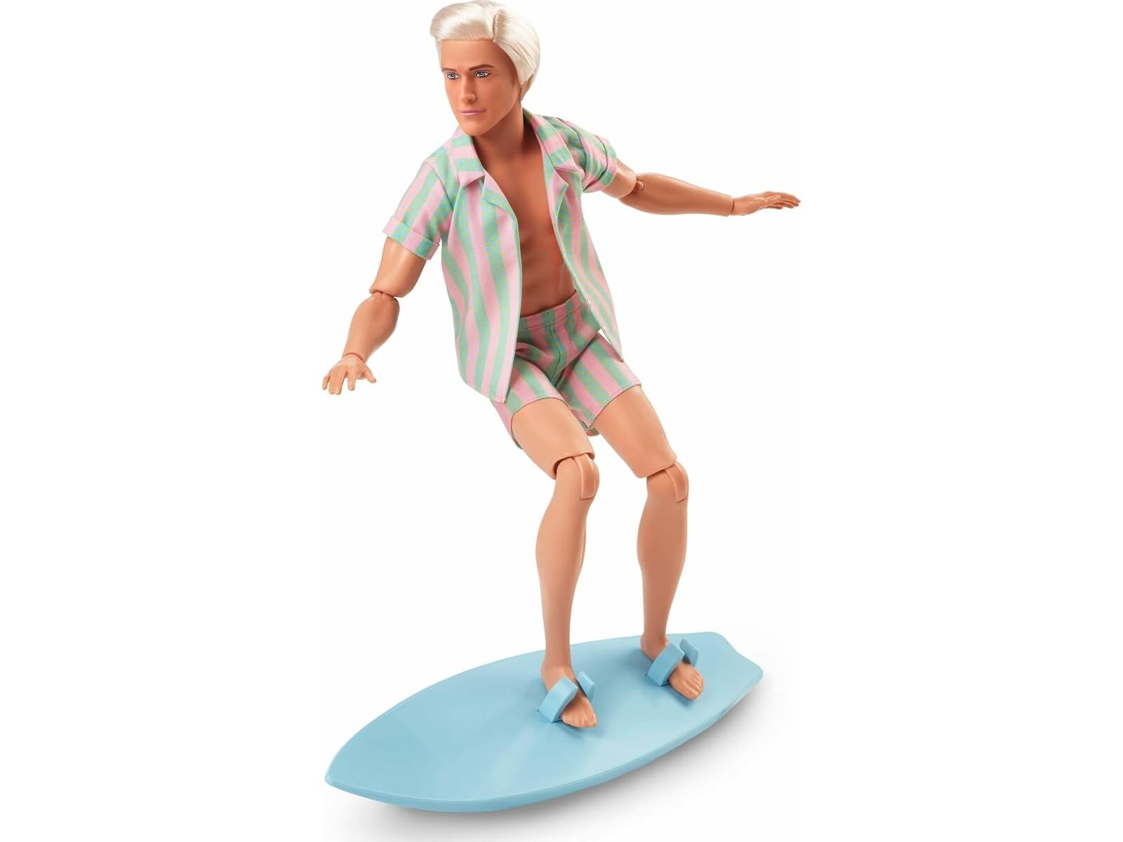 Barbie Il Film - Ken Giorno Perfetto, bambola con completo da spiaggia a righe rosa e verde pastello, tavola da surf e sneaker bianche incluse, giocattolo per bambini, 3+ anni, JBJ54