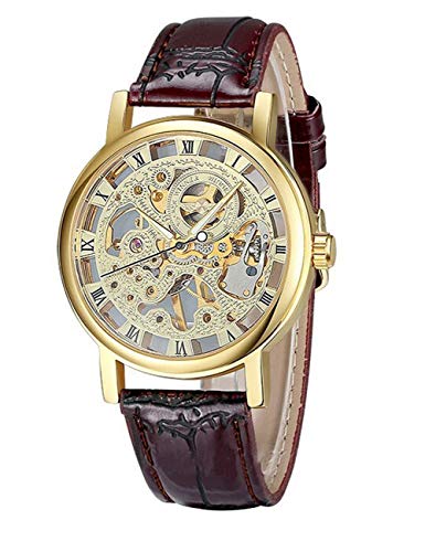 GuTe Golden Steampunk Hand-wind Mechanical Watch Ladies Skeleton Wristwatch Dark Brown PU Band (Gold)