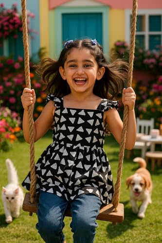 Image of Maaesa Girls Black Geometric Printed Cotton A-Line Top | Short Sleeves | Square Neck | Lightweight & Breathable | Casual