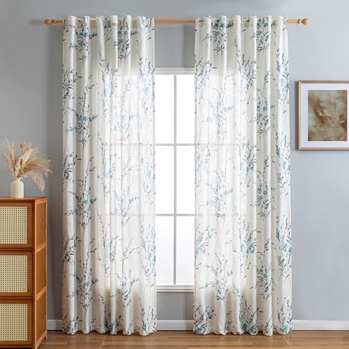 Image of MYSKY HOME Floral Sheer Curtains 84 Inch Long Linen Blended 2 Panels Teal