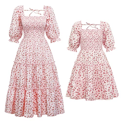 Vestido de madre e hija para mujer y niña, vestido de verano informal, vestido de verano familiar, traje para padres e hijos, línea A, volantes, boda, vacaciones, vestido de fiesta, Flor rosa, L