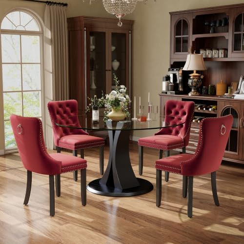 Image of 5-Piece Dining Table Set with 47 in Tempered Glass Kitchen Table and 4 Velvet Upholstered Chairs, Modern Scandinavian Furniture for Dining Room Kitchen(Burgundy)