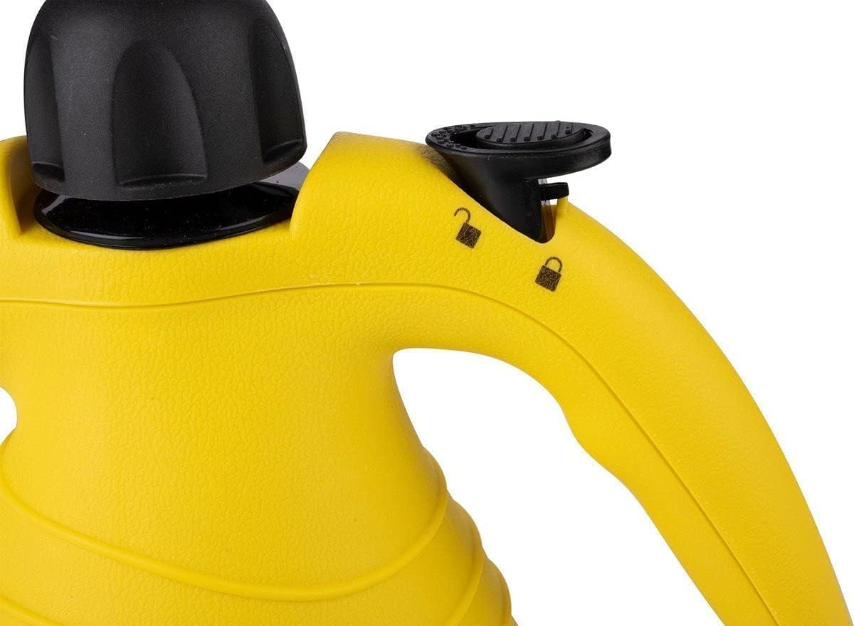 Close-up of the steam cleaner's safety lock mechanism on the handle